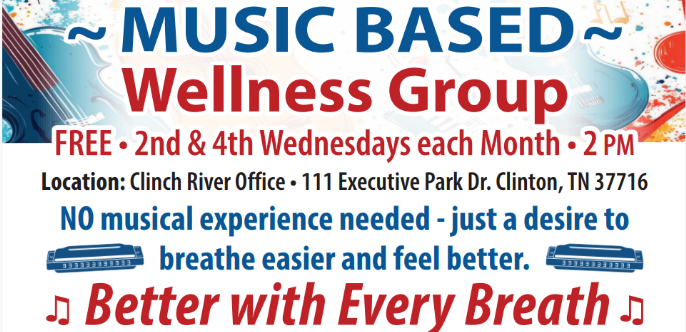 If you worked at Y-12, K-25, Oak Ridge National Laboratory, or nearby sites, this is for you.

Join us at the Clinch River office in Clinton for a relaxed Music-Based Wellness Group. We’ll spend some easygoing time together with simple harmonica breathing exercises and good conversation.

No musical experience needed—just come as you are.

Not a class—just a chance to unwind, connect, and feel a little better.

Feel free to bring a friend.

Register below to save your spot.